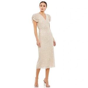 MAC Duggal 10810 Oyster Blush Pink Beaded V-Neck Cocktail Midi Dress Size 4 New